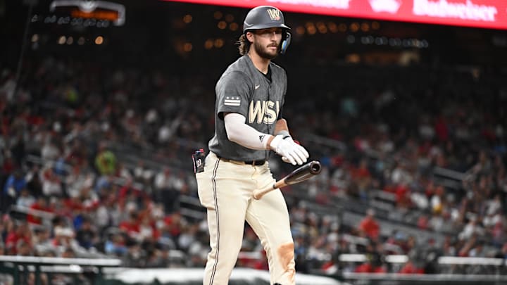 Sep 27, 2024; Washington, District of Columbia, USA;  Washington Nationals outfielder Dylan Crews (3) draws a walk during the second inning against the Philadelphia Phillies at Nationals Park.