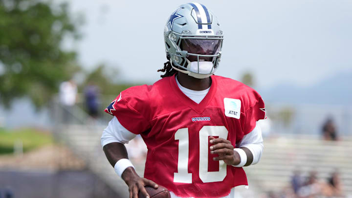 Dallas Cowboys quarterback Joe Milton III carries the ball during training camp at the River Ridge Fields.