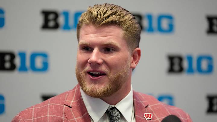 Jul 23, 2025; Las Vegas, NV, USA; Wisconsin offensive lineman Jake Renfro speaks to the media during the Big Ten NCAA college football media days at Mandalay Bay Resort. Mandatory Credit: Lucas Peltier-Imagn Images Jul 23, 2025; Las Vegas, NV, USA; Wisconsin offensive lineman Jake Renfro speaks to the media during the Big Ten NCAA college football media days at Mandalay Bay Resort. Mandatory Credit: Lucas Peltier-Imagn Images