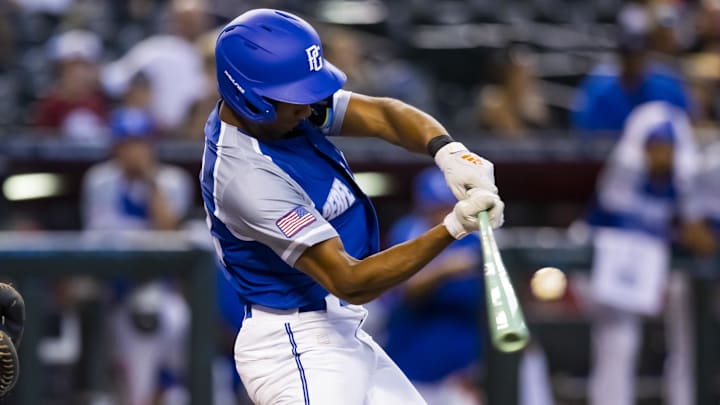 Aug 28, 2022; Phoenix, Arizona, US; East infielder Arjun Nimmala (22) during the Perfect Game All-American Classic high school baseball game at Chase Field. 