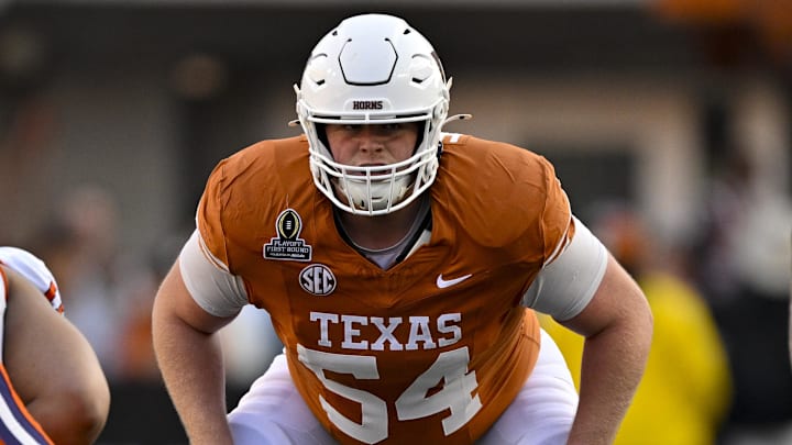 Dec 21, 2024; Austin, Texas, USA; Texas Longhorns offensive lineman Cole Hutson (54) in action during the game between the Texas Longhorns and the Clemson Tigers in the CFP National Playoff First Round at Darrell K Royal-Texas Memorial Stadium. Mandatory Credit: Jerome Miron-Imagn Images