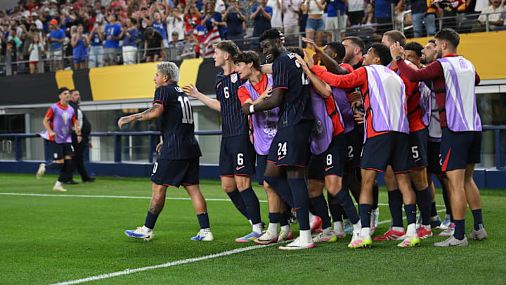 The USMNT celebrates Patrick Agyemang's game-winning goal against Haiti during the group stage of the 2025 Gold Cup.