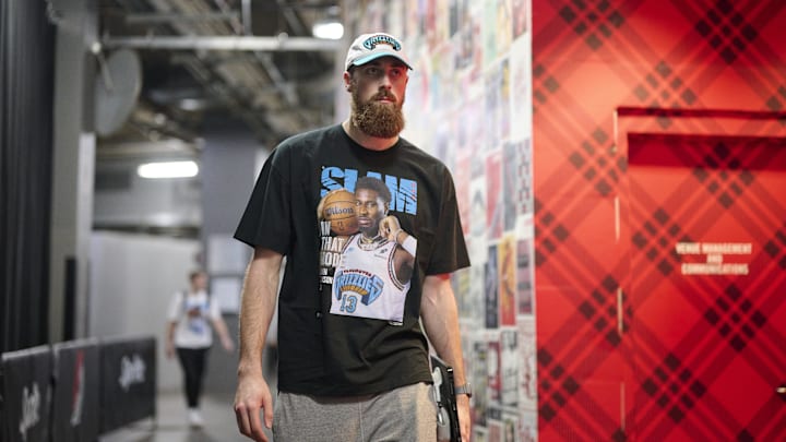 Former Memphis Grizzlies center Jay Huff (30) walks to the locker room before a game against the Portland Trail Blazers at Moda Center. 