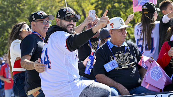 Nov 3, 2023; Arlington, TX, USA; Texas Rangers starting pitcher Martin Perez (54) during the World Series championship parade at Globe Life Field. Mandatory Credit: Jerome Miron-Imagn Images Nov 3, 2023; Arlington, TX, USA; Texas Rangers starting pitcher Martin Perez (54) during the World Series championship parade at Globe Life Field. Mandatory Credit: Jerome Miron-Imagn Images