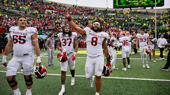 Oct 11, 2025; Eugene, Oregon, USA; Indiana Hoosiers defensive lineman Stephen Daley (8), tight end Riley Nowakowski (37) and offensive lineman Carter Smith (65) celebrate on the field after defeating the Oregon Ducks by the score of 30-20 at Autzen Stadium. Mandatory Credit: Troy Wayrynen-Imagn Images
at Autzen Stadium. Mandatory Credit: Troy Wayrynen-Imagn Images Oct 11, 2025; Eugene, Oregon, USA; Indiana Hoosiers defensive lineman Stephen Daley (8), tight end Riley Nowakowski (37) and offensive lineman Carter Smith (65) celebrate on the field after defeating the Oregon Ducks by the score of 30-20 at Autzen Stadium. Mandatory Credit: Troy Wayrynen-Imagn Images
at Autzen Stadium. Mandatory Credit: Troy Wayrynen-Imagn Images