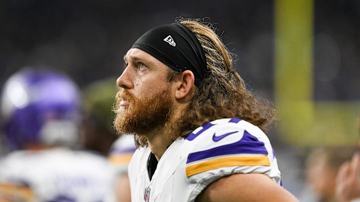 Nov 2, 2025; Detroit, Michigan, USA; Minnesota Vikings tight end T.J. Hockenson (87) looks on from the sidelines during the first quarter against the Detroit Lions at Ford Field. Mandatory Credit: Lon Horwedel-Imagn Images