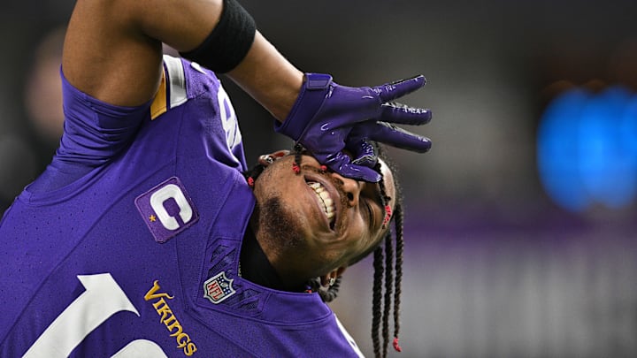 Dec 31, 2023; Minneapolis, Minnesota, USA; Minnesota Vikings wide receiver Justin Jefferson (18) looks on before the game against the Green Bay Packers at U.S. Bank Stadium. Mandatory Credit: Jeffrey Becker-USA TODAY Sports