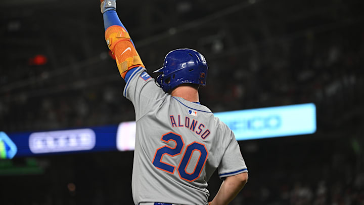 Jul 1, 2024; Washington, District of Columbia, USA; New York Mets first baseman Pete Alonso (20) reacts after a three run home run by designated hitter J.D. Martinez (28) (not pictured) against the Washington Nationals during the tenth inning at Nationals Park. Mandatory Credit: Rafael Suanes-USA TODAY Sports