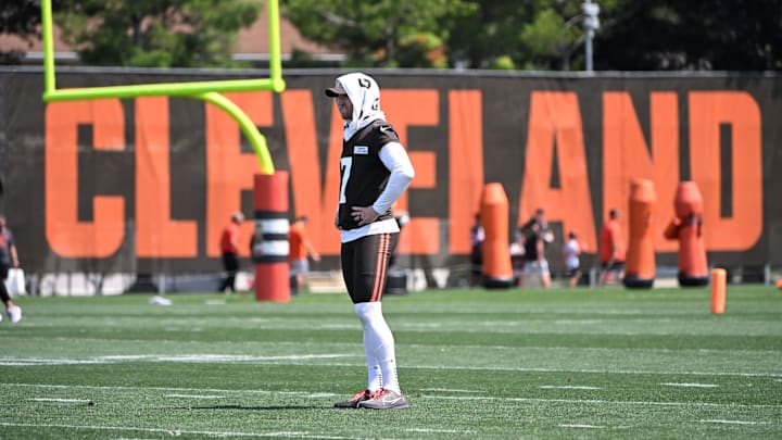 Aug 4, 2024; Cleveland Browns kicker Dustin Hopkins (7) during practice at the Browns training facility in Berea, Ohio.