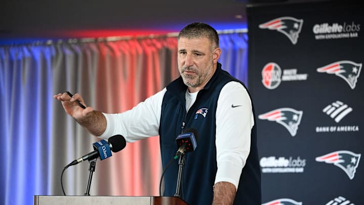 Mar 13, 2025; Foxborough, MA, USA; New England Patriots head coach Mike Vrabel discusses the team's recent free-agent additions with the media at Gillette Stadium.