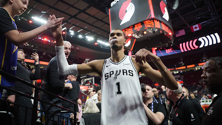 Apr 26, 2026; Portland, Oregon, USA; San Antonio Spurs forward Victor Wembanyama (1) walks off the court after a game against the Portland Trail Blazers during game four of the first round of the 2026 NBA Playoffs at Moda Center. Mandatory Credit: Troy Wayrynen-Imagn Images