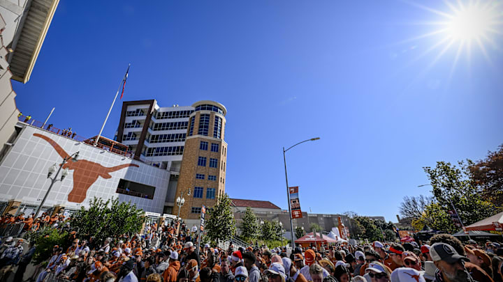 Dec 21, 2024; Austin, Texas, USA; A view of the stadium and the fans and the logo before the game between the Texas Longhorns and the Clemson Tigers in the CFP National Playoff first round game at Darrell K Royal-Texas Memorial Stadium. Mandatory Credit: Jerome Miron-Imagn Images