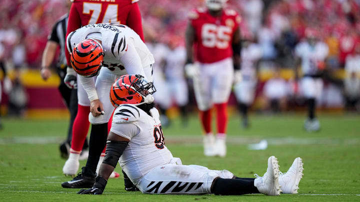 Cincinnati Bengals defensive tackle Sheldon Rankins (98) remains down after a play before heading to the locker room early in the fourth quarter of the NFL Week 2 game between the Kansas City Chiefs and the Cincinnati Bengals at Arrowhead Stadium in Kansas City on Sunday, Sept. 15, 2024. The Chiefs took a 26-25 win with a go-ahead field goal as time expired. Cincinnati Bengals defensive tackle Sheldon Rankins (98) remains down after a play before heading to the locker room early in the fourth quarter of the NFL Week 2 game between the Kansas City Chiefs and the Cincinnati Bengals at Arrowhead Stadium in Kansas City on Sunday, Sept. 15, 2024. The Chiefs took a 26-25 win with a go-ahead field goal as time expired.
