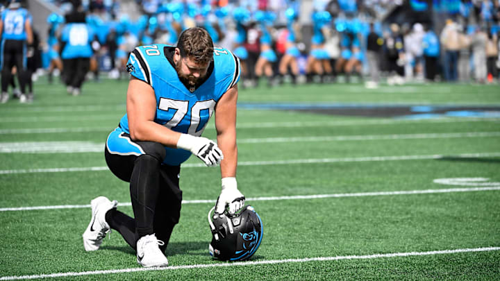 Carolina Panthers guard Brady Christensen (70) reflects before the game at Bank of America Stadium Carolina Panthers guard Brady Christensen (70) reflects before the game at Bank of America Stadium
