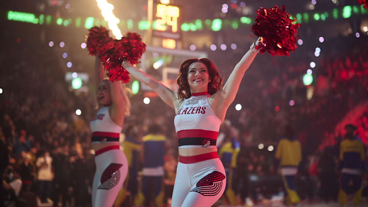 Apr 11, 2025; Portland, Oregon, USA; The Blazer Dancers perform before a game between the Portland Trail Blazers and the Golden State Warriors at Moda Center. Mandatory Credit: Troy Wayrynen-Imagn Images