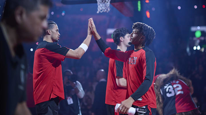Mar 23, 2025; Portland, Oregon, USA; Portland Trail Blazers guard Shaedon Sharpe (17) high fives forward Toumani Camara (33) before a game against the Boston Celtics at Moda Center. Mandatory Credit: Troy Wayrynen-Imagn Images Mar 23, 2025; Portland, Oregon, USA; Portland Trail Blazers guard Shaedon Sharpe (17) high fives forward Toumani Camara (33) before a game against the Boston Celtics at Moda Center. Mandatory Credit: Troy Wayrynen-Imagn Images