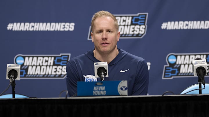 Mar 18, 2026; Portland, OR, USA; BYU Cougars head coach Kevin Young answers questions during a press conference before a practice session ahead of the first round of the men's 2026 NCAA Tournament at Moda Center. Mandatory Credit: Troy Wayrynen-Imagn Images