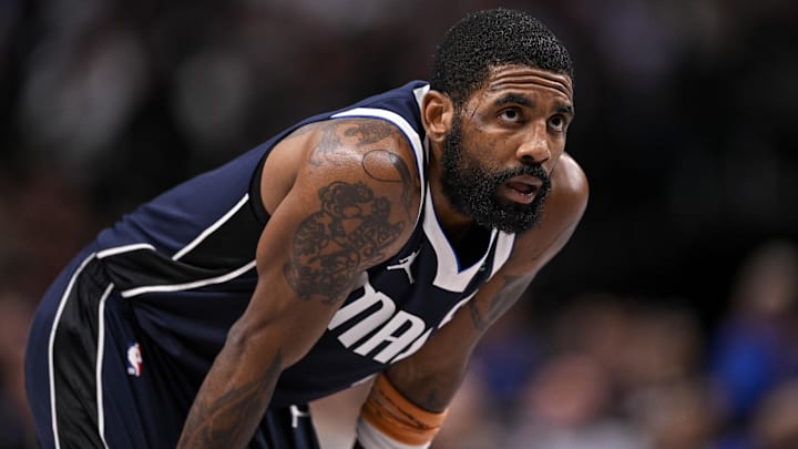 Feb 12, 2025; Dallas, Texas, USA; Dallas Mavericks guard Kyrie Irving (11) during the game between the Dallas Mavericks and the Golden State Warriors at the American Airlines Center. Mandatory Credit: Jerome Miron-Imagn Images