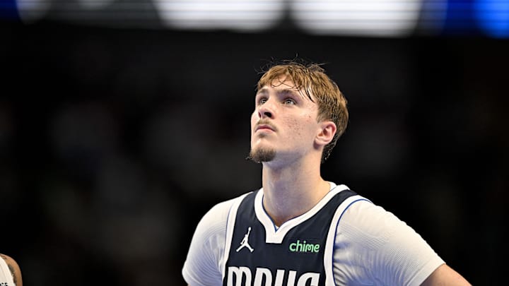 Nov 21, 2025; Dallas, Texas, USA; Dallas Mavericks forward Cooper Flagg (32) looks on during the second half against the New Orleans Pelicans at the American Airlines Center. Mandatory Credit: Jerome Miron-Imagn Images
