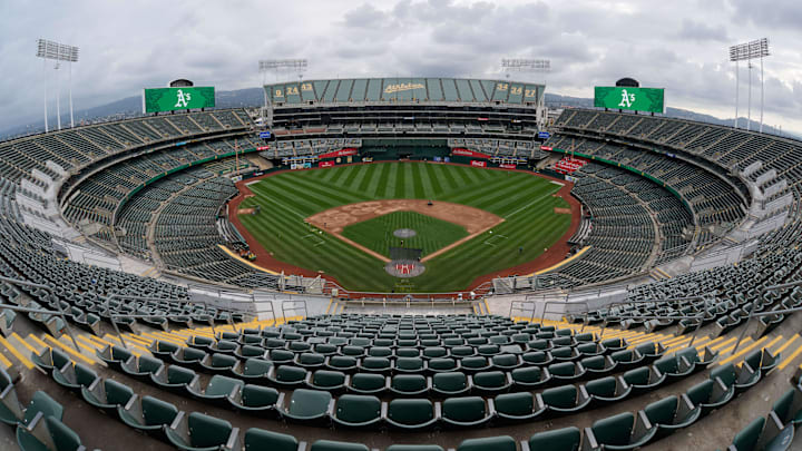 Aug 24, 2024; Oakland, California, USA; A general view of Oakland-Alameda County Coliseum before the game between the Oakland Athletics and the Milwaukee Brewers Coliseum. Mandatory Credit: Robert Edwards-Imagn Images