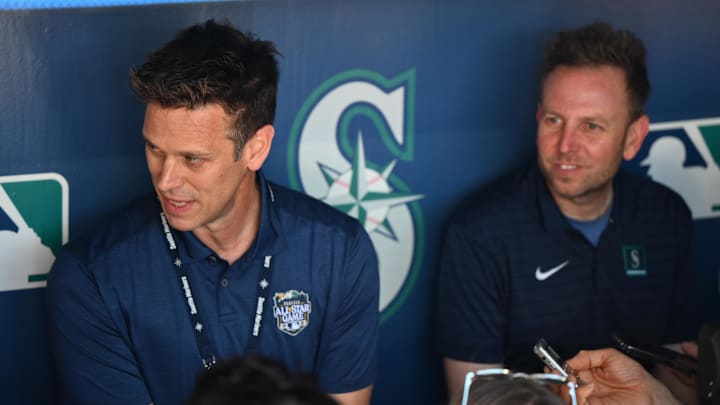 Seattle Mariners president of baseball operations Jerry Dipoto (left) speaks to the media before a game against the Boston Red Sox on Aug. 1, 2023, at T-Mobile Park.