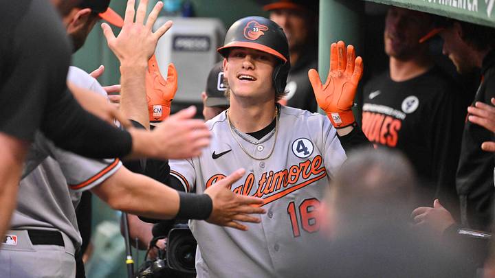 Jun 2, 2026; Boston, Massachusetts, USA; Baltimore Orioles third baseman Coby Mayo (16) celebrates hitting a home run against the Boston Red Sox during the second inning at Fenway Park. Mandatory Credit: Eric Canha-Imagn Images