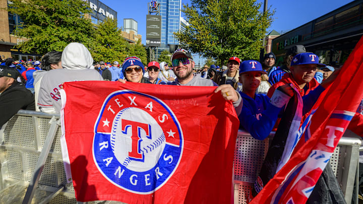 A view of Texas Rangers fans outside the ballpark during the World Series championship parade at Globe Life Field. 