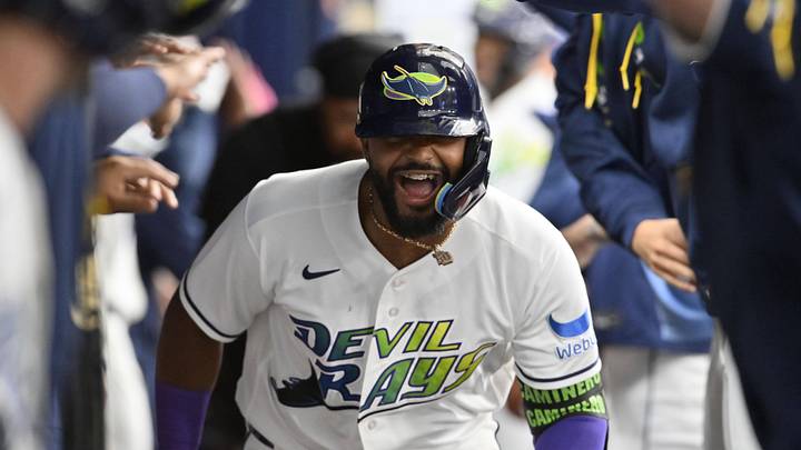 Jun 26, 2026; St. Petersburg, Florida, USA; Tampa Bay Rays third baseman Junior Caminero (13) celebrates a home run during the first inning against Arizona Diamondbacks at Tropicana Field.