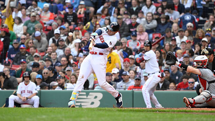 Sep 22, 2024; Boston, Massachusetts, USA; Boston Red Sox first baseman Triston Casas (36) hits a home run against the Minnesota Twins during the fifth inning at Fenway Park. Mandatory Credit: Eric Canha-Imagn Images