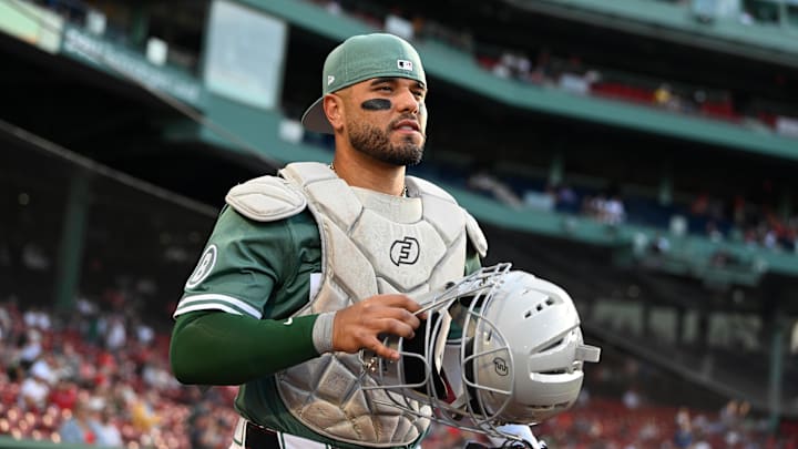 May 16, 2025; Boston, Massachusetts, USA; Boston Red Sox catcher Carlos Narvaez (75) walks out of the dugout before the start of a game against the Atlanta Braves at Fenway Park. Mandatory Credit: Eric Canha-Imagn Images 