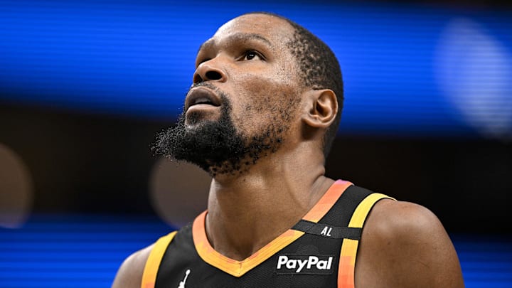 Mar 9, 2025; Dallas, Texas, USA; Phoenix Suns forward Kevin Durant (35) looks on during the second quarter against the Dallas Mavericks at the American Airlines Center. Mandatory Credit: Jerome Miron-Imagn Images