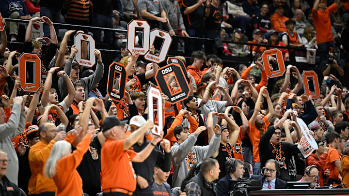 Jan 16, 2025; Corvallis, Oregon, USA; Oregon State Beavers fans cheer during the second half against the Gonzaga Bulldogs at Gill Coliseum. Mandatory Credit: Craig Strobeck-Imagn Images