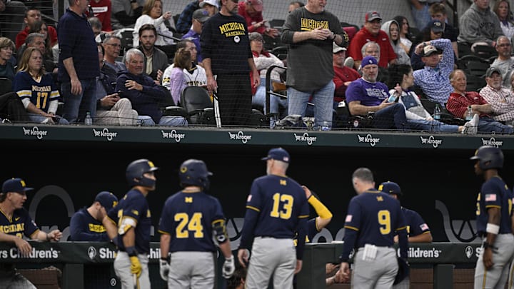 Feb 23, 2025; Arlington, TX, USA; The Michigan Wolverines play the Arkansas Razorbacks during the Amegy Bank College Baseball Series presented by Kubota Weekend 2 at Globe Life Field. Mandatory Credit: Jerome Miron-Imagn Images