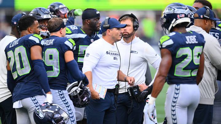 Seattle Seahawks head coach Mike Macdonald huddles up during the second half against San Francisco 49ers. Seattle Seahawks head coach Mike Macdonald huddles up during the second half against San Francisco 49ers.