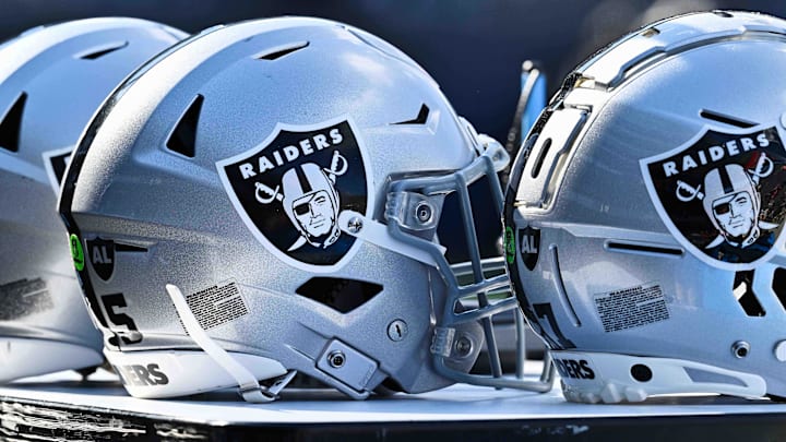 Oct 22, 2023; Chicago, Illinois, USA;  A detail view of Las Vegas Raiders helmets before a game against the Chicago Bears at Soldier Field. Mandatory Credit: Jamie Sabau-USA TODAY Sports