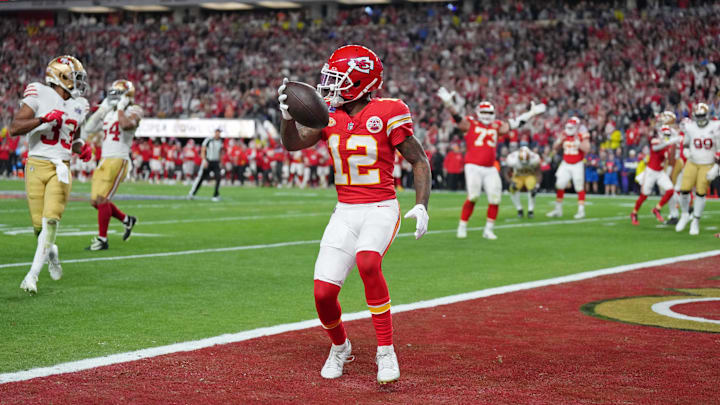 Feb 11, 2024; Paradise, Nevada, USA; Kansas City Chiefs wide receiver Mecole Hardman Jr. (12) reacts after scoring a touchdown against the San Francisco 49ers in overtime during Super Bowl LVIII at Allegiant Stadium. Mandatory Credit: Kirby Lee-Imagn Images Feb 11, 2024; Paradise, Nevada, USA; Kansas City Chiefs wide receiver Mecole Hardman Jr. (12) reacts after scoring a touchdown against the San Francisco 49ers in overtime during Super Bowl LVIII at Allegiant Stadium. Mandatory Credit: Kirby Lee-Imagn Images