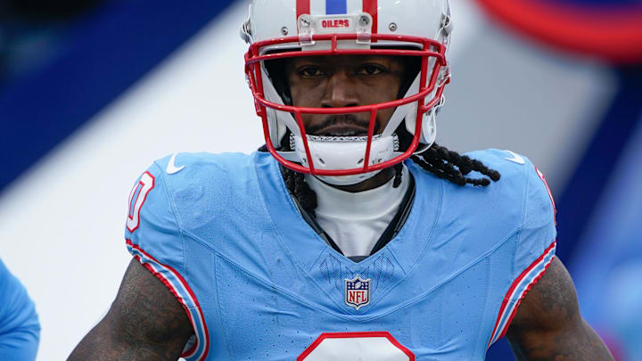 Tennessee Titans wide receiver Calvin Ridley (0) warms up before the game against the Houston Texans at Nissan Stadium in Nashville, Tenn., Sunday, Jan. 5, 2025. Tennessee Titans wide receiver Calvin Ridley (0) warms up before the game against the Houston Texans at Nissan Stadium in Nashville, Tenn., Sunday, Jan. 5, 2025.