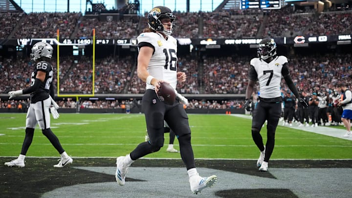 Nov 2, 2025; Paradise, Nevada, USA; Jacksonville Jaguars quarterback Trevor Lawrence (16) scores a touchdown during the second half against the Las Vegas Raiders at Allegiant Stadium. Mandatory Credit: Kirby Lee-Imagn Images Nov 2, 2025; Paradise, Nevada, USA; Jacksonville Jaguars quarterback Trevor Lawrence (16) scores a touchdown during the second half against the Las Vegas Raiders at Allegiant Stadium. Mandatory Credit: Kirby Lee-Imagn Images