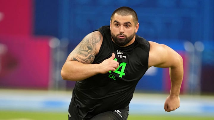 Mar 2, 2025; Indianapolis, IN, USA; Georgia offensive lineman Dylan Fairchild (OL14) during the 2025 NFL Scouting Combine at Lucas Oil Stadium. Mandatory Credit: Kirby Lee-Imagn Images Mar 2, 2025; Indianapolis, IN, USA; Georgia offensive lineman Dylan Fairchild (OL14) during the 2025 NFL Scouting Combine at Lucas Oil Stadium. Mandatory Credit: Kirby Lee-Imagn Images