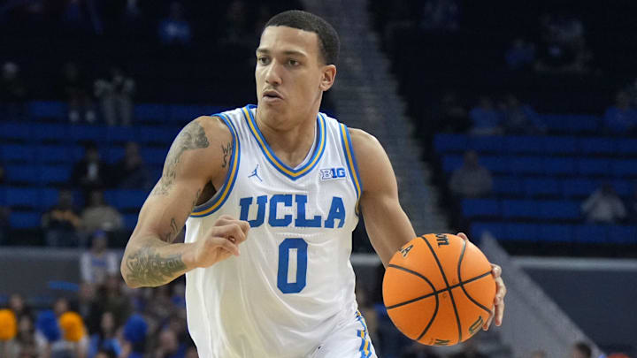 Dec 17, 2024; Los Angeles, California, USA; UCLA Bruins guard Kobe Johnson (0) dribbles the ball against the Prairie View A&M Panthers at Pauley Pavilion presented by Wescom. Mandatory Credit: Kirby Lee-Imagn Images