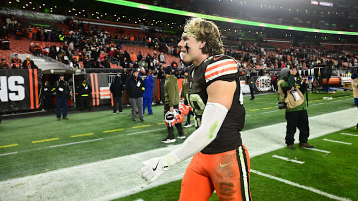Nov 16, 2025; Cleveland, Ohio, USA; Cleveland Browns linebacker Carson Schwesinger (49) walks off the field following a game against the Baltimore Ravens at Huntington Bank Field. Mandatory Credit: Ken Blaze-Imagn Images
