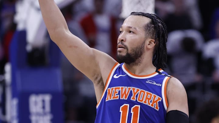 May 1, 2025; Detroit, Michigan, USA; New York Knicks guard Jalen Brunson (11) celebrates his three point basket in the fourth quarter against the Detroit Pistons during game six of first round for the 2024 NBA Playoffs at Little Caesars Arena. Mandatory Credit: Rick Osentoski-Imagn Images