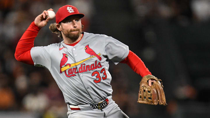 Sep 23, 2025; San Francisco, California, USA; St. Louis Cardinals second baseman Brendan Donovan (33) throws to first for an out against the San Francisco Giants during the eighth inning at Oracle Park. Mandatory Credit: Eakin Howard-Imagn Images
