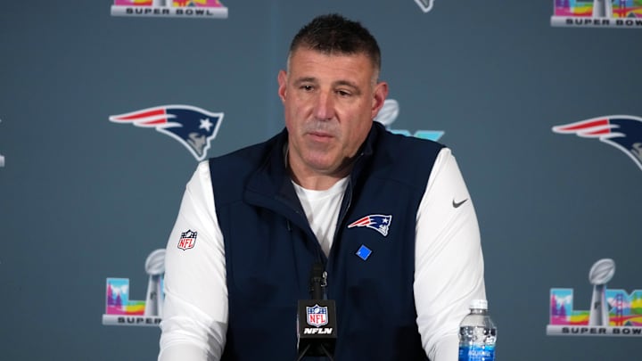 Feb 3, 2026; Santa Clara, CA, USA; New England Patriots head coach Mike Vrabel speaks to the media during Super Bowl LX press conference at Santa Clara Marriott. Mandatory Credit: Kirby Lee-Imagn Images