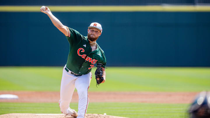 May 23, 2024; Charlotte, NC, USA; Miami (Fl) Hurricanes pitcher Gage Ziehl (31) during the first inning against the Clemson Tigers during the ACC Baseball Tournament at Truist Field. Mandatory Credit: Scott Kinser-Imagn Images