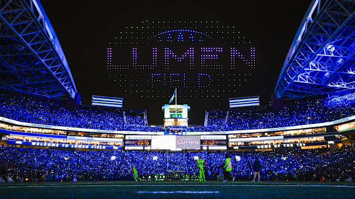 Dec 15, 2024; Seattle, Washington, USA; General view of Lumen Field during a drone show during halftime of a game between the Green Bay Packers and Seattle Seahawks. Mandatory Credit: Joe Nicholson-Imagn Images Dec 15, 2024; Seattle, Washington, USA; General view of Lumen Field during a drone show during halftime of a game between the Green Bay Packers and Seattle Seahawks. Mandatory Credit: Joe Nicholson-Imagn Images