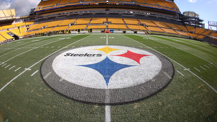 Nov 16, 2025; Pittsburgh, Pennsylvania, USA; Steelers logo at mid-field before the Pittsburgh Steelers host the Cincinnati Bengals at Acrisure Stadium. Mandatory Credit: Charles LeClaire-Imagn Images