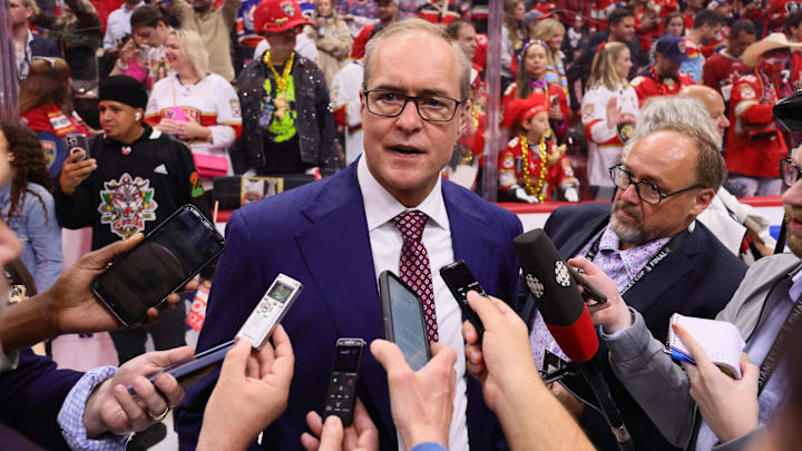Jun 24, 2024; Sunrise, Florida, USA; Florida Panthers head coach Paul Maurice celebrates winning the Stanley Cup after defeating the Edmonton Oilers in game seven of the 2024 Stanley Cup Final at Amerant Bank Arena. Mandatory Credit: Sam Navarro-Imagn Images