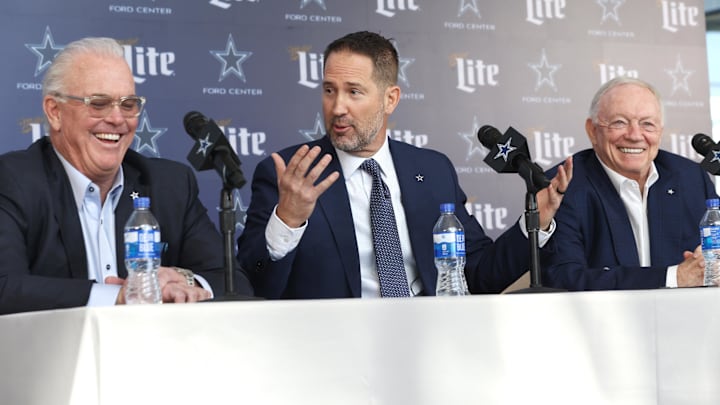 Dallas Cowboys CEO Stephen Jones, head coach Brian Schottenheimer and owner Jerry Jones speak to the media.
