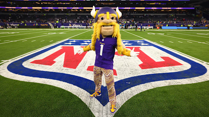 Oct 6, 2024; Tottenham, ENG; Minnesota Vikings mascot Viktor the Viking poses for pictures after the 17-23 win against New York Jets at Tottenham Hotspur Stadium. Mandatory Credit: Shaun Brooks-Imagn Images